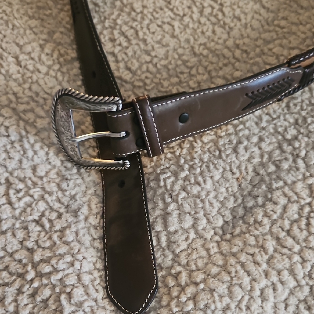 Western Brown Leather Men's Belt with Silver Buckle